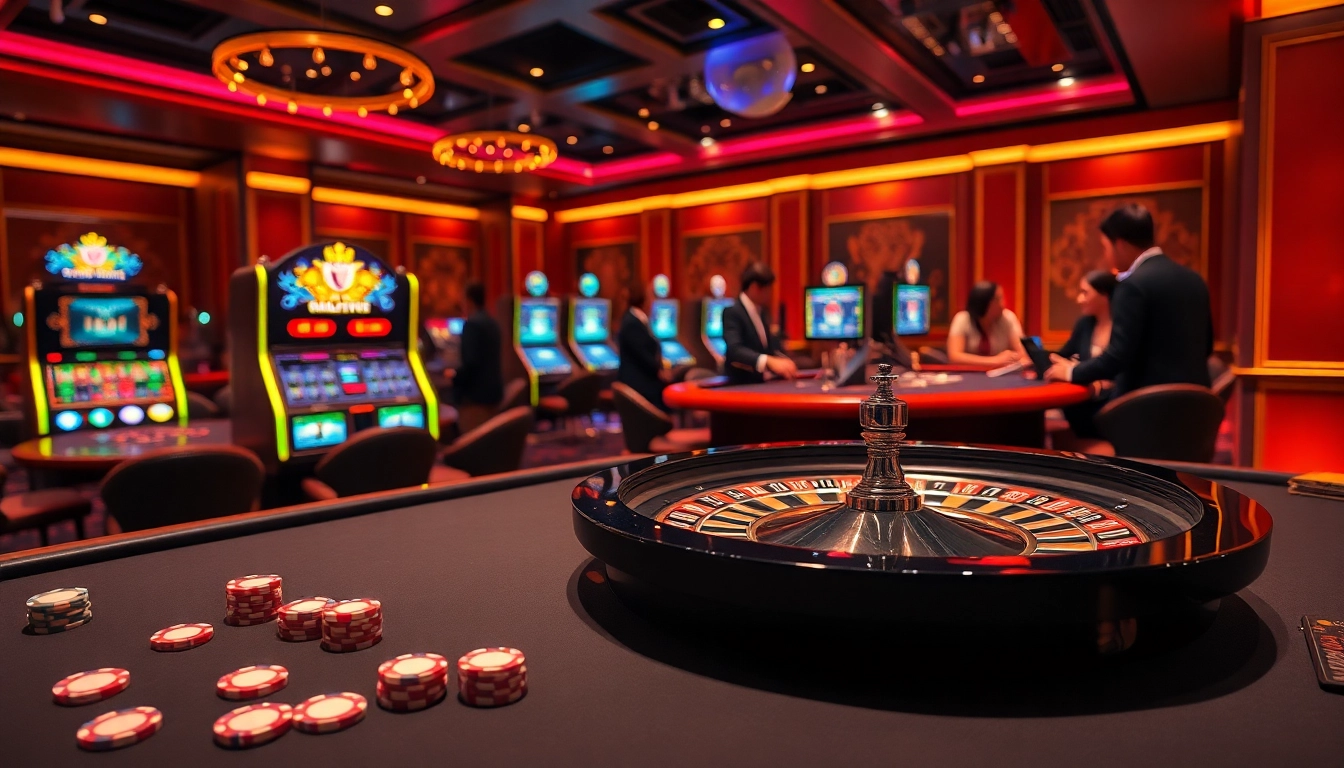 Experience thrilling gambling action at https://nk88top.com/ with vibrant roulette and engaging slot machines in an elegant casino.