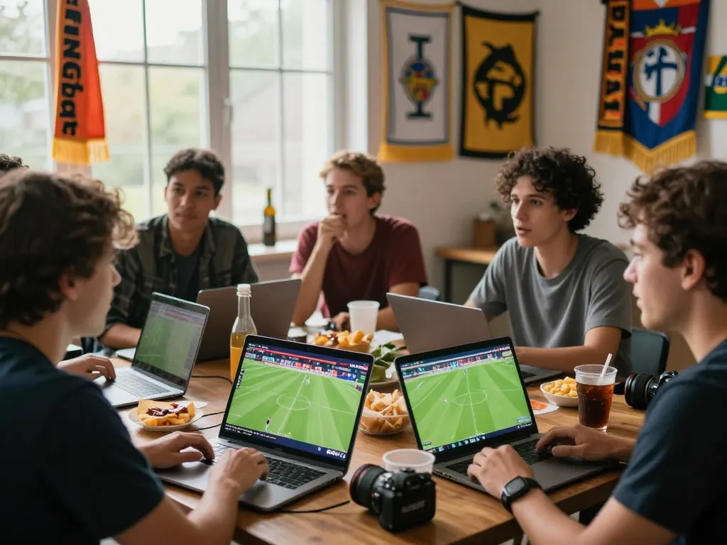 Bongdalu live sports analysis with fans using devices for data during game.