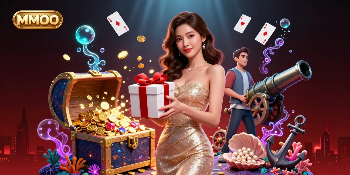 Engage with MMOO's festive casino experience featuring golden coins, playful elements, and a welcoming atmosphere.