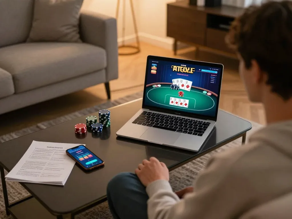 Player engaging in online casino gaming at home with SC88, using laptop and smartphone for betting
