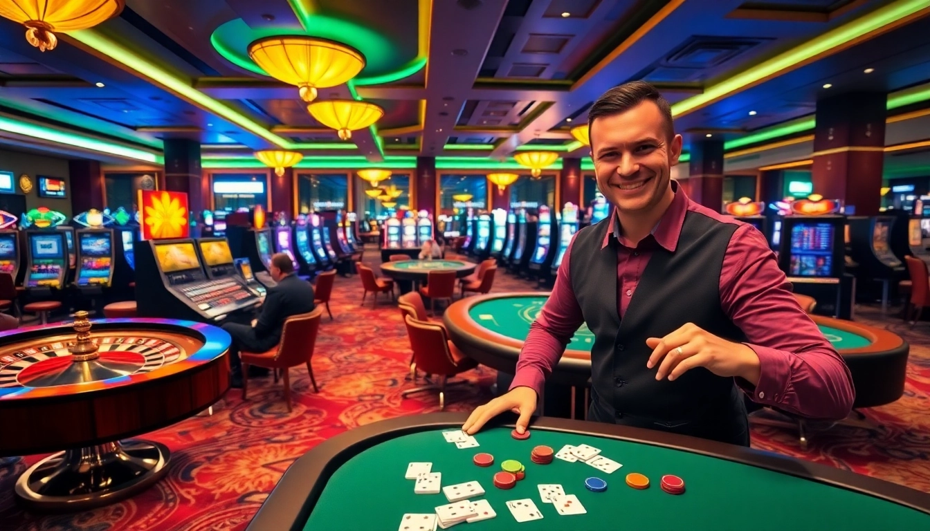 Experience the excitement of THABET casino with players engaging at roulette and slot machines.