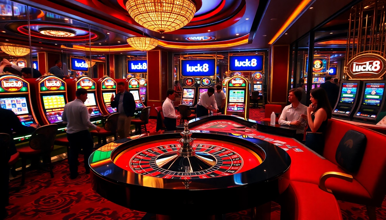 Experience the thrill of luck8 at a lavish casino with roulette and slot machines.