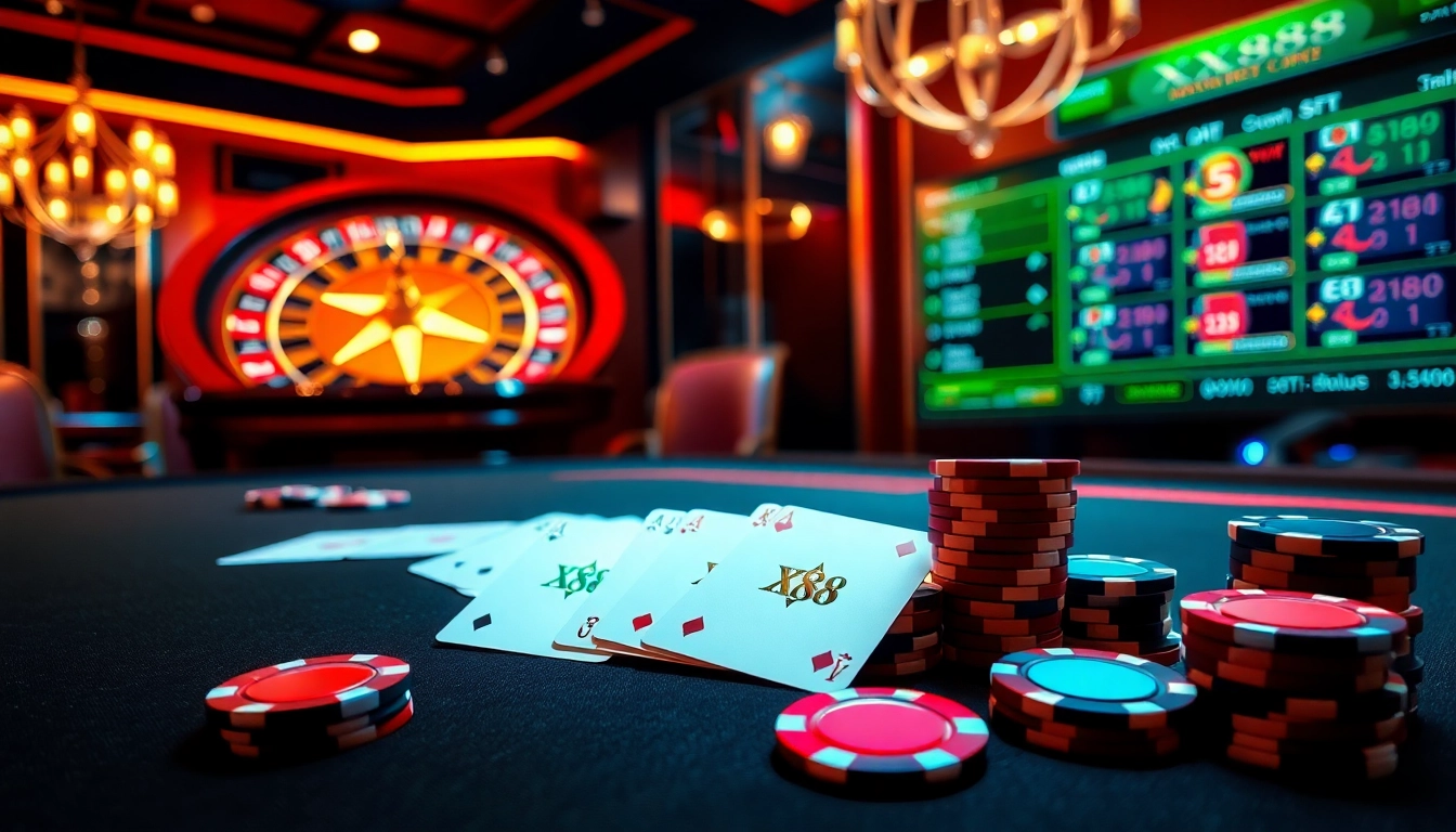 Experience thrilling gameplay at XX88 with vibrant poker chips and stylish casino tables.