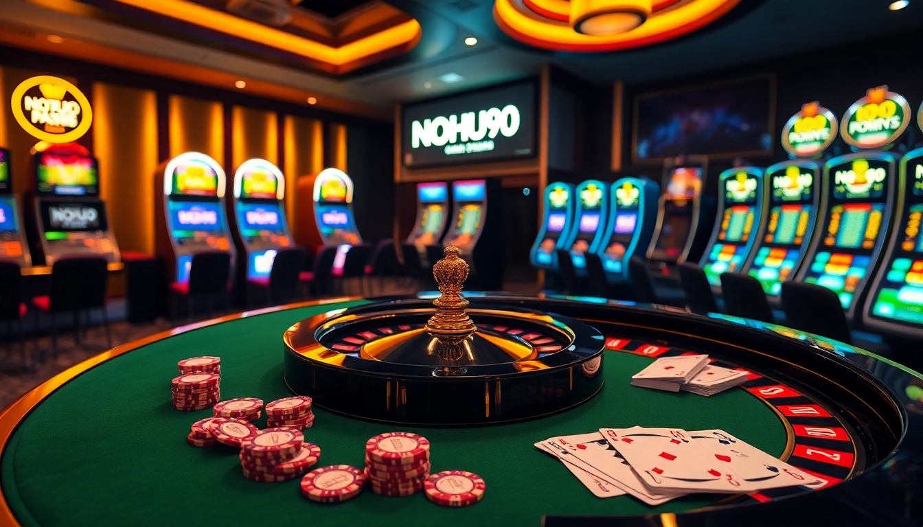 Experience gambling excitement at NOHU90 with vibrant casino tables and dynamic slot machines.