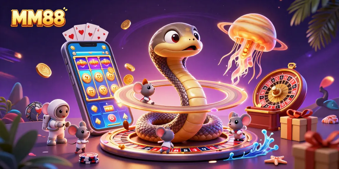 MM88 engages players with a vibrant cosmic casino scene featuring a Saturn snake and cute astronaut mice.