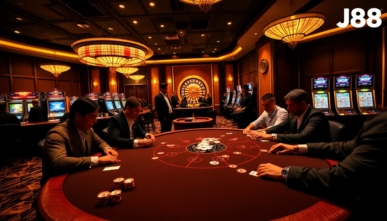 Experience the thrill of J88 casino gaming with excited players at an elegant poker table.