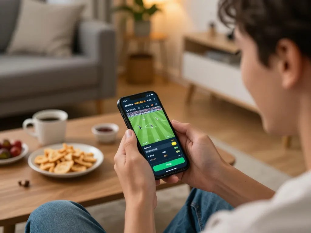 7m bet placement on live football match using smartphone in cozy home setting