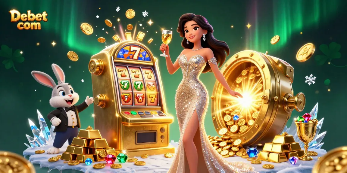 Play exciting games at Debet com, featuring a stunning jackpot scene with a glamorous character.