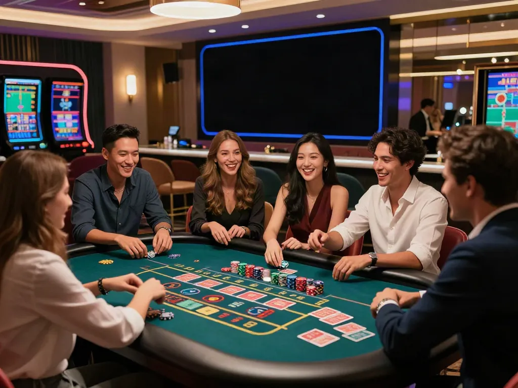 Exciting scene showcasing friends enjoying non UK casinos at a roulette table in a stylish casino lounge.