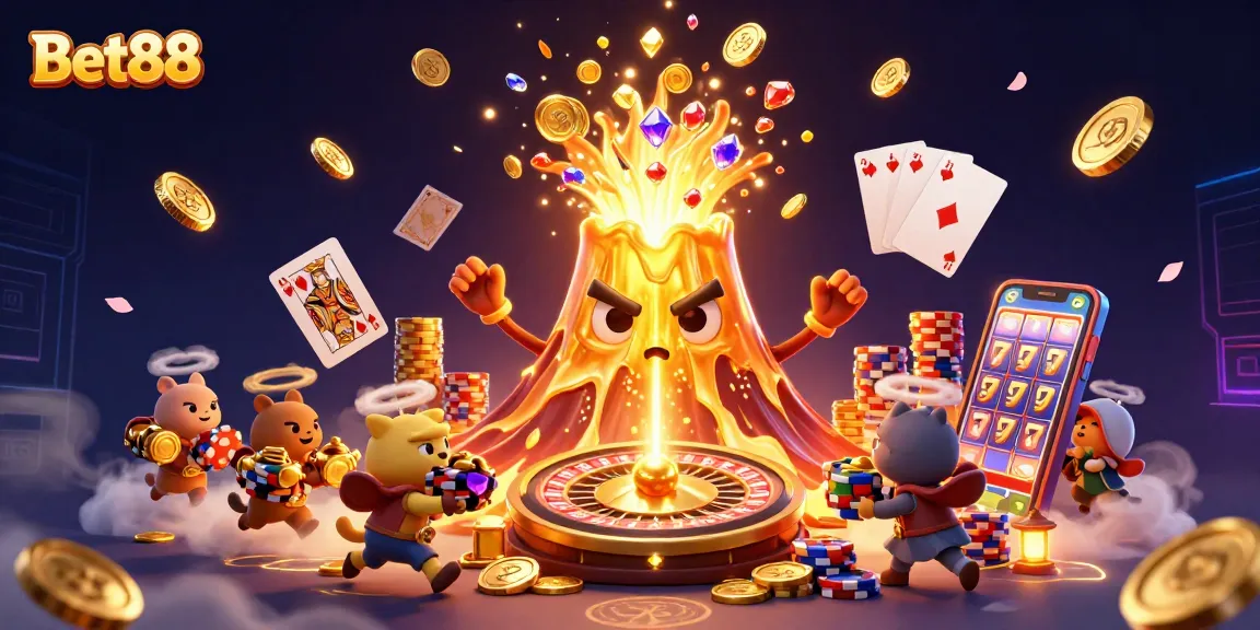 Win at Bet88 with a thrilling eruption of treasures, vibrant coins, and gaming excitement.