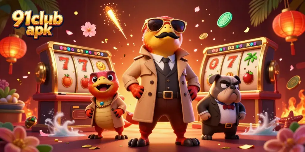 Engage in thrilling action with the 91club apk, featuring dynamic raptors and vibrant casino elements.