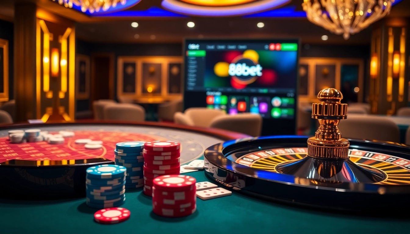 Experience excitement at the 88bet casino table with vibrant poker chips and roulette action.
