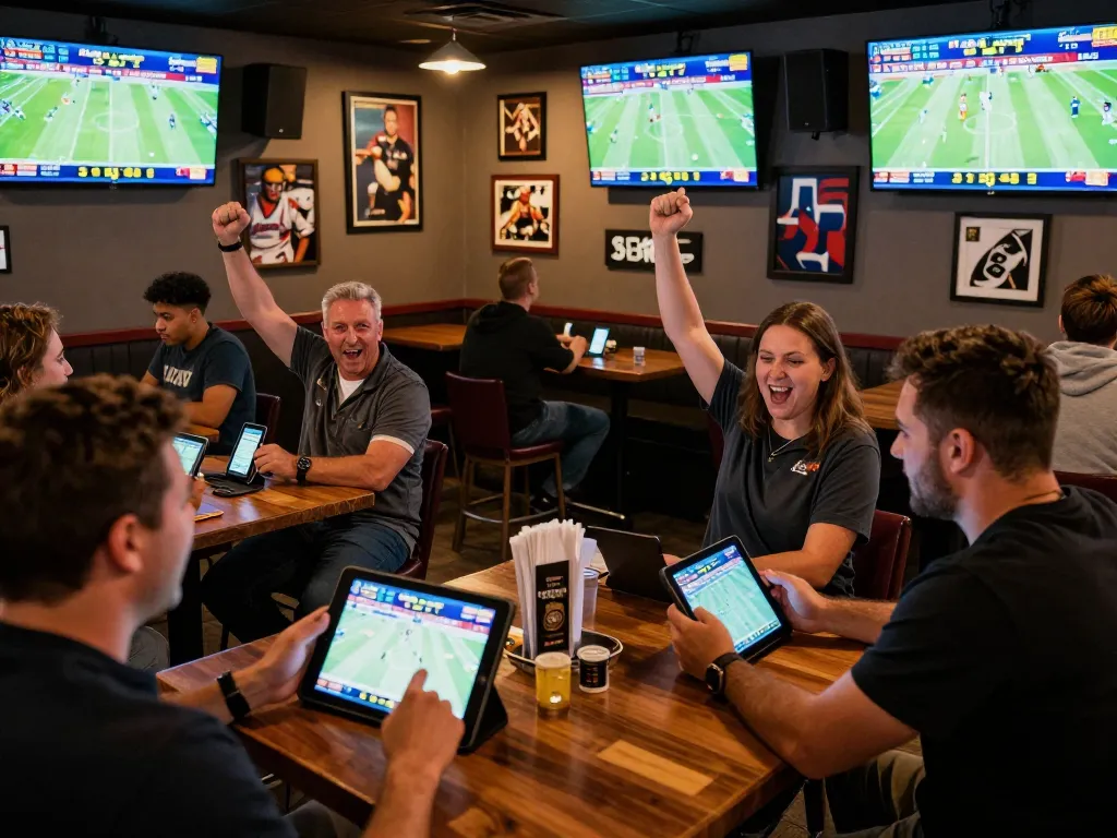 Sky88 bettors analyzing live odds and cheering in a dynamic sports betting bar atmosphere