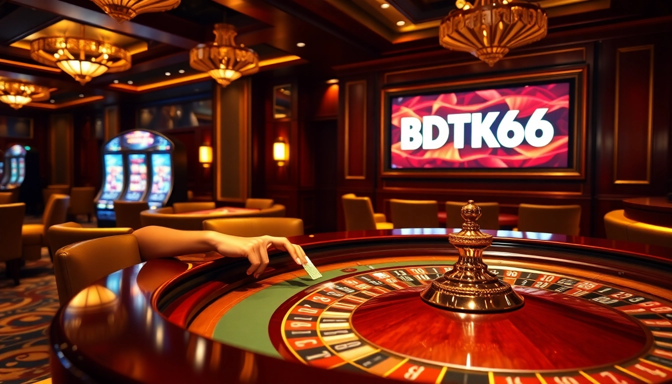 Experience the thrill of BDTK66 at a luxury casino table with vibrant poker chips.