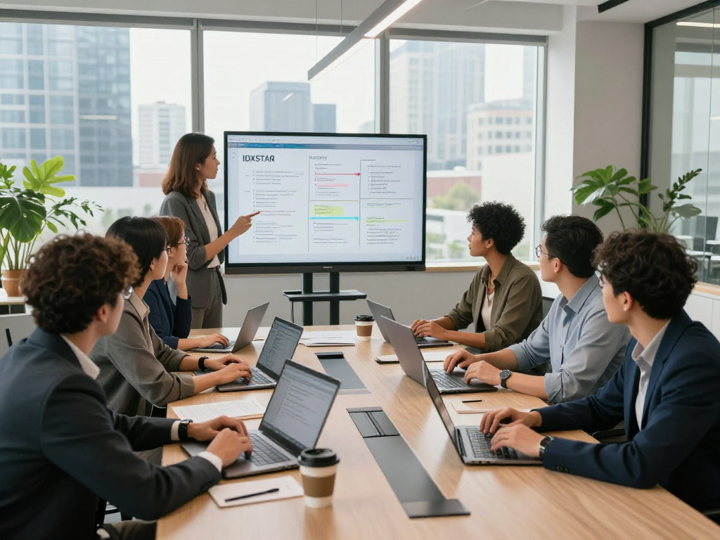 Team collaborating with IDXSTAR software in a modern office, fostering innovation.