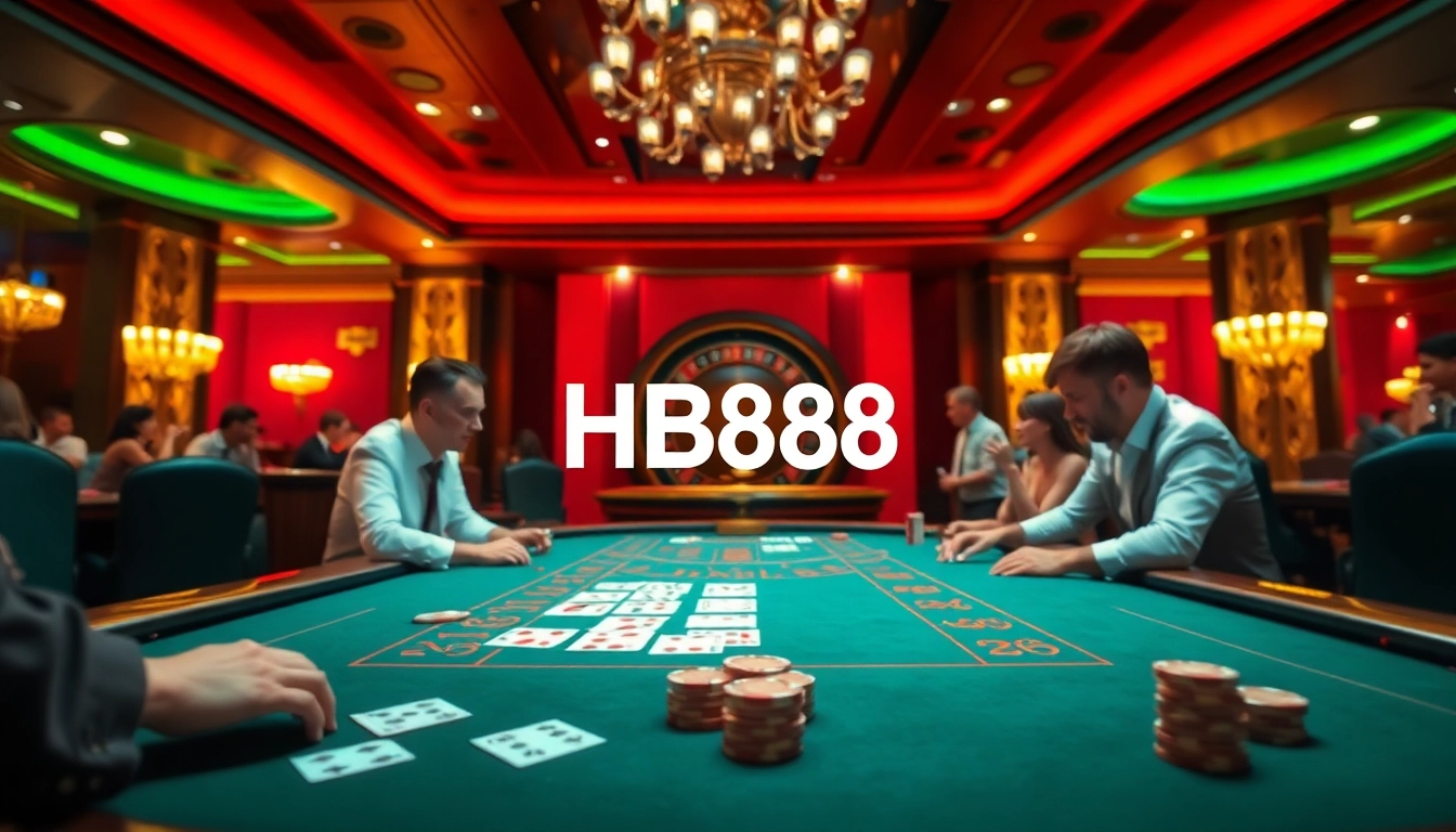 HB88 casino scene showcasing professional poker play with vibrant action and elegant decor.