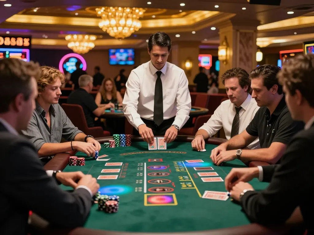 Engaging scene of blackjack gameplay showing players analyzing cards and betting strategies, featuring SC88 casino atmosphere.
