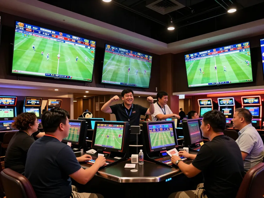 Place bets on kèo bóng đá as fans celebrate in a lively sports betting venue with live match displays