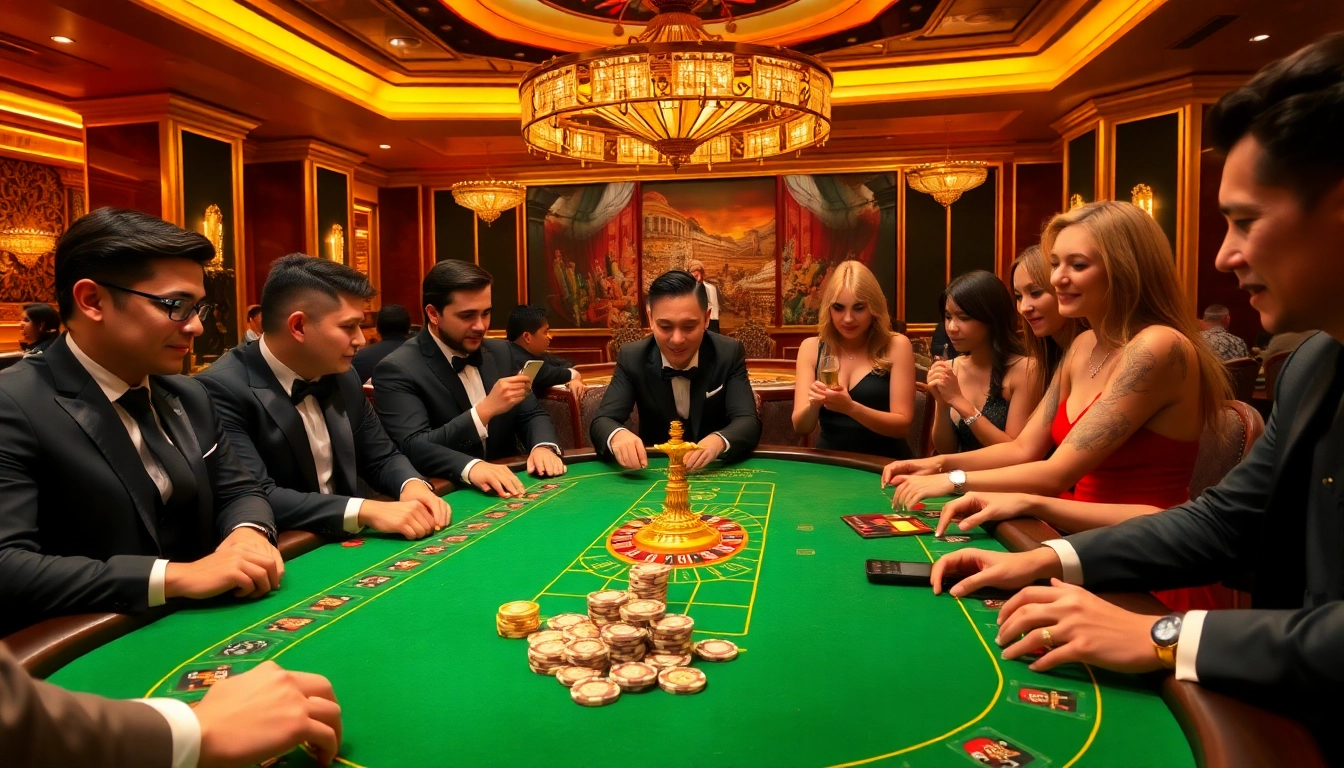 Players enjoying poker at a luxurious casino table, highlighting Hay88's thrilling gaming experience.