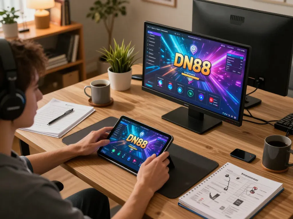 Engaging with DN88 gaming on a tablet in a cozy home office, highlighting strategic gameplay
