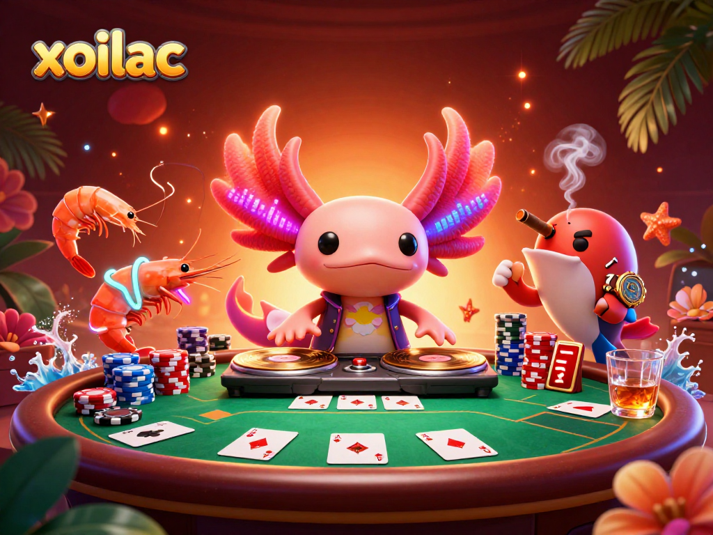 Engage with xoilac in this vibrant 3D scene featuring thrilling poker action and animated character fun.