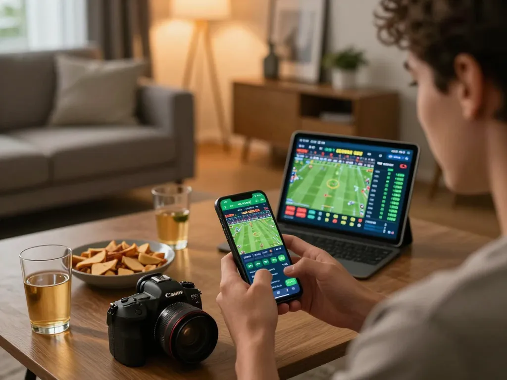 Experience sports betting excitement with 123Win using a smartphone in an inviting home setting.
