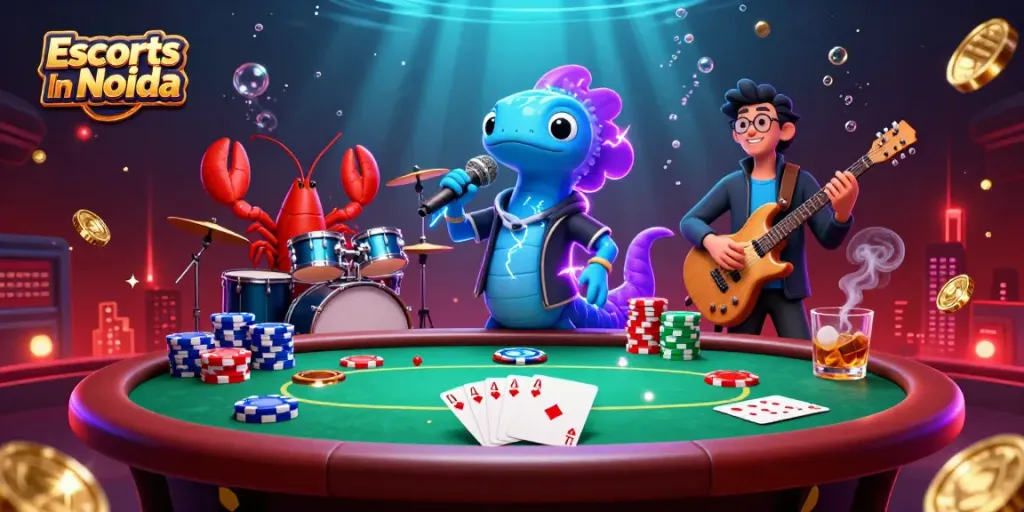 Experience an energetic poker scene featuring the animated electric eel, showcasing poker elements and vibrant underwater ambiance with "Escorts In Noida".