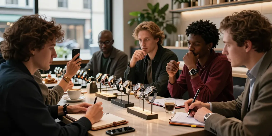 Watch enthusiasts discussing high-quality replica watches in a chic urban café setting, showcasing luxury timepieces.