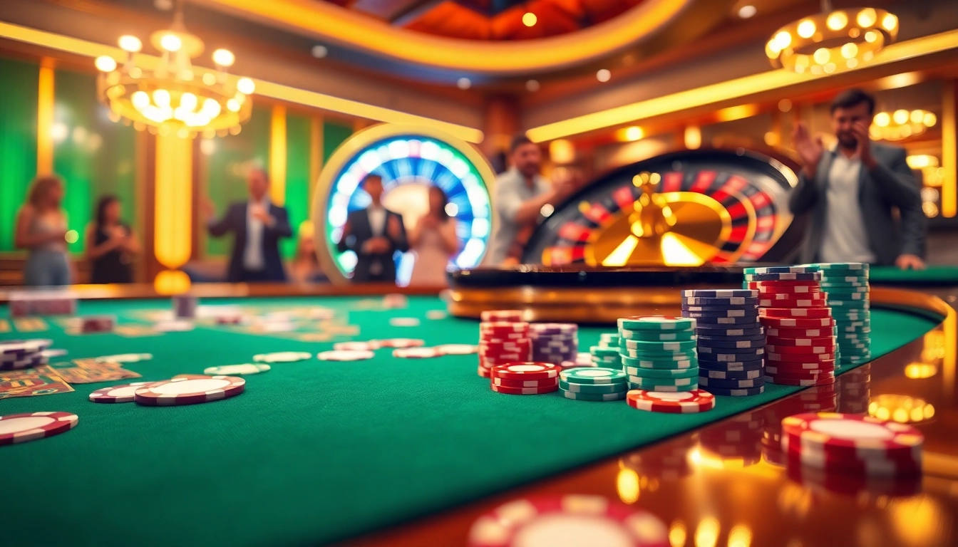 Exciting sc88 gambling scene with vibrant casino table, colorful chips, and spinning roulette wheel.