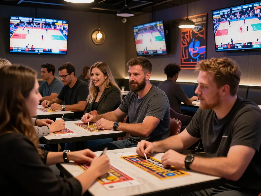 Sunwin sports betting enthusiasts engaged in live game wagers, dynamic atmosphere with screens displaying odds.