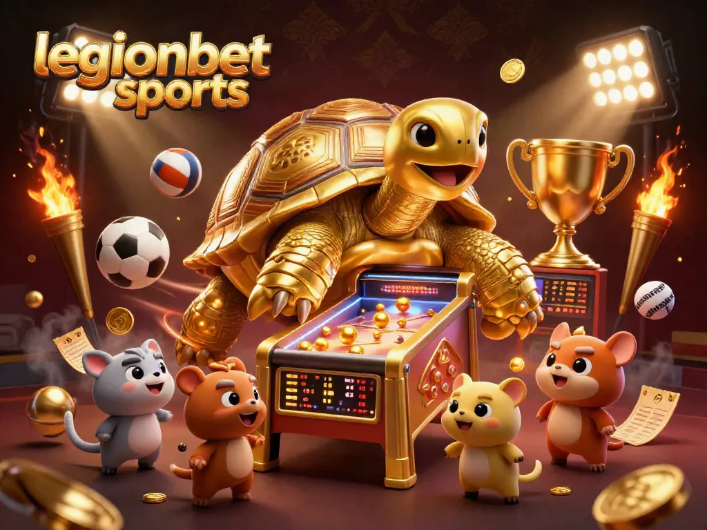 Bet on legionbet sports with excitement, featuring a vibrant 3D pinball tortoise and dynamic sports elements.