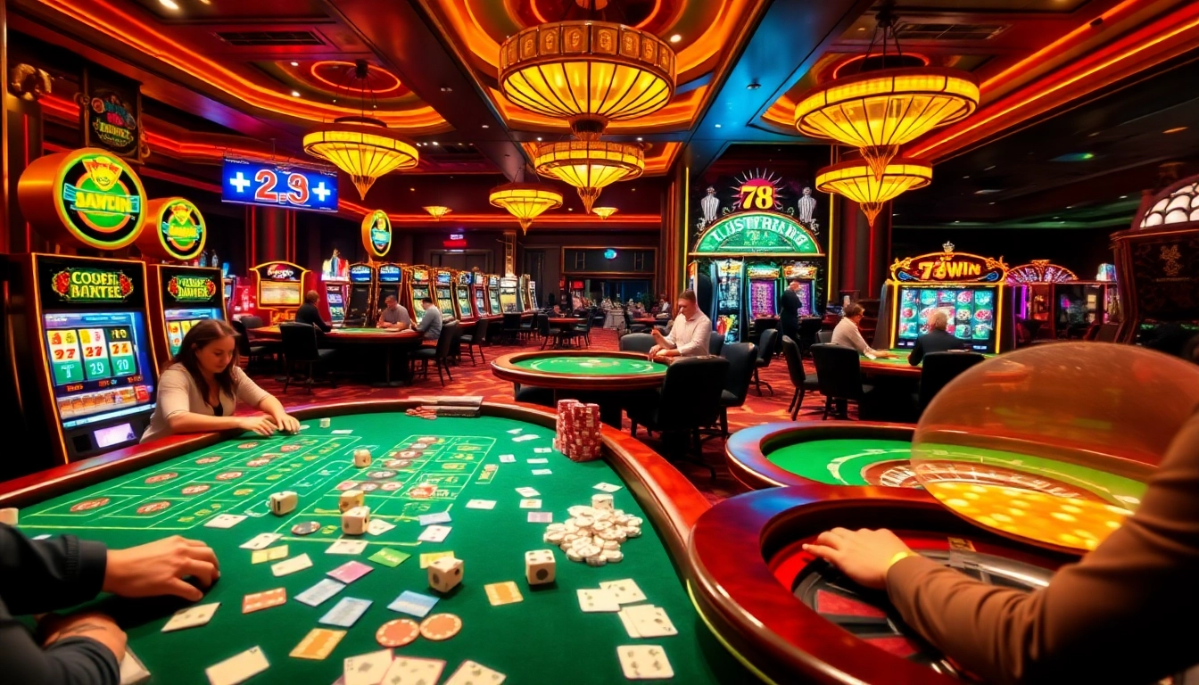 78WIN casino scene with players engaged at poker and roulette tables, evoking excitement and luxury.