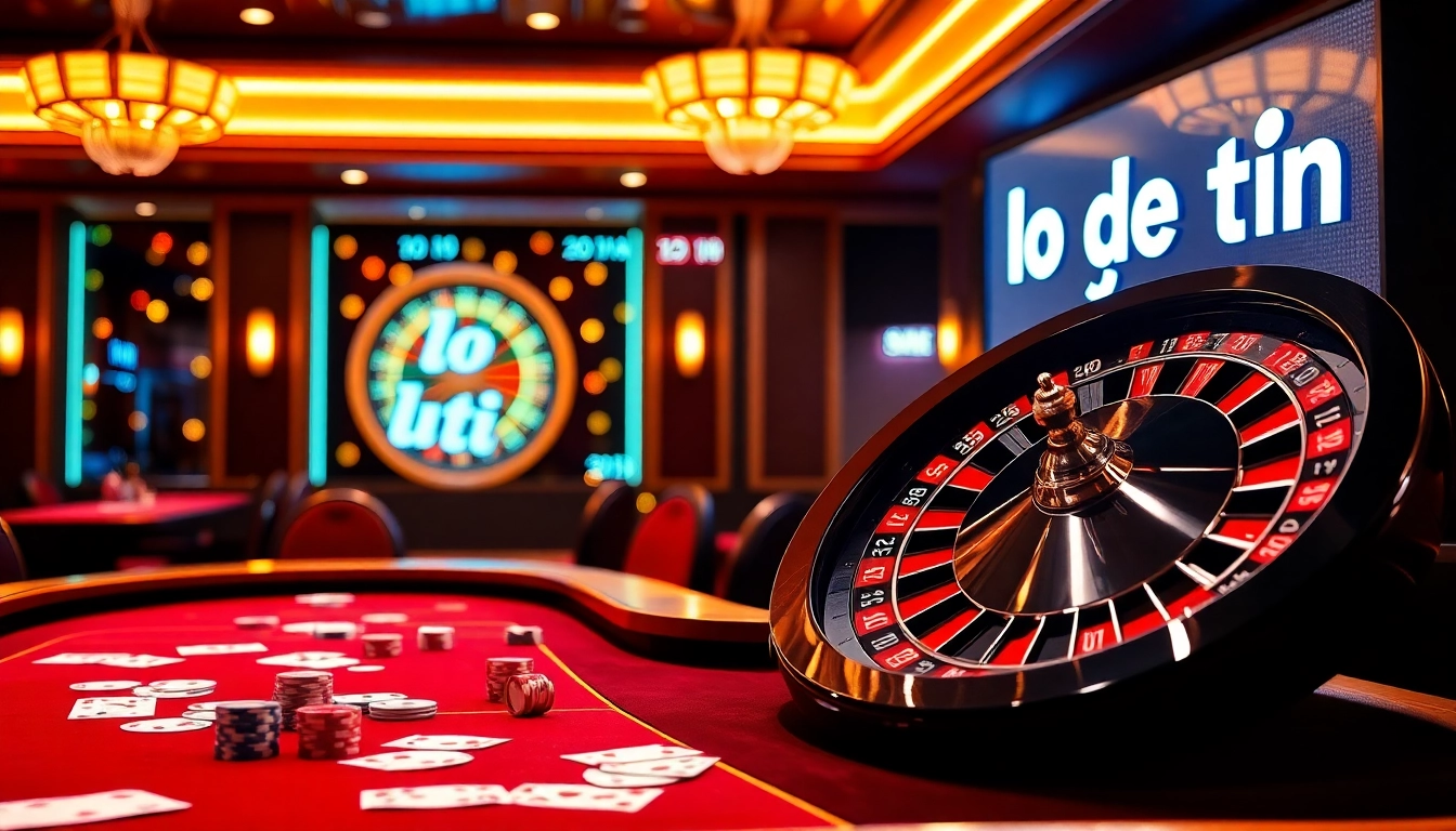 Engaging casino scene with poker chips and cards highlighting lo de uy tin, inviting players to bet.
