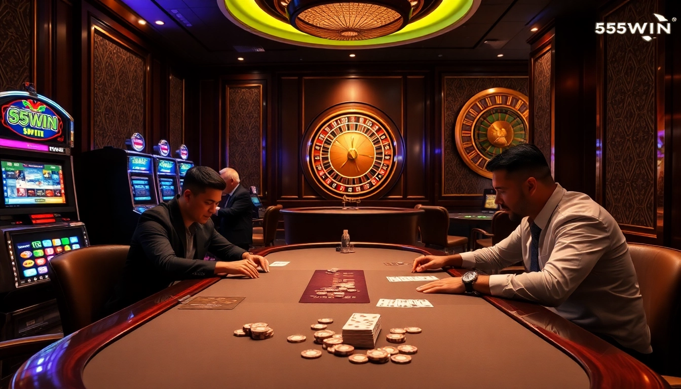 Experience the excitement of 555WIN with luxurious casino tables and vibrant slot machines.