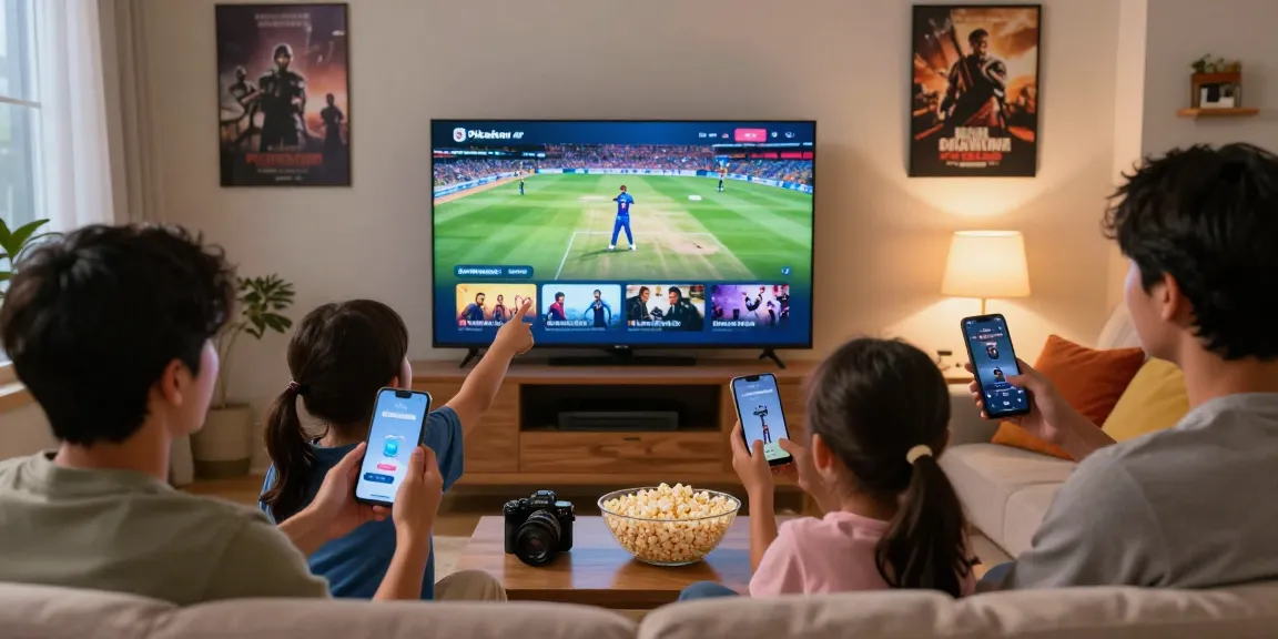 Pikashow APK download showcased in a family living room with parents and children enjoying cricket highlights on smart TV.