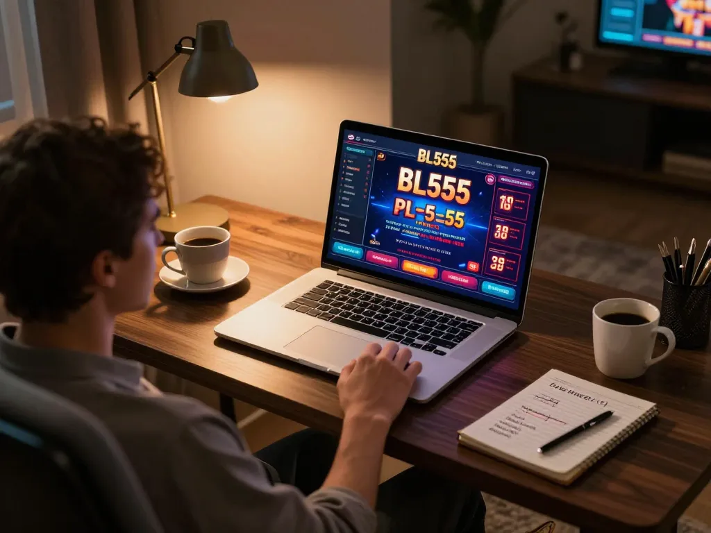 Engaging in online gaming at BL555 with a modern setup, showcasing a vibrant casino interface.