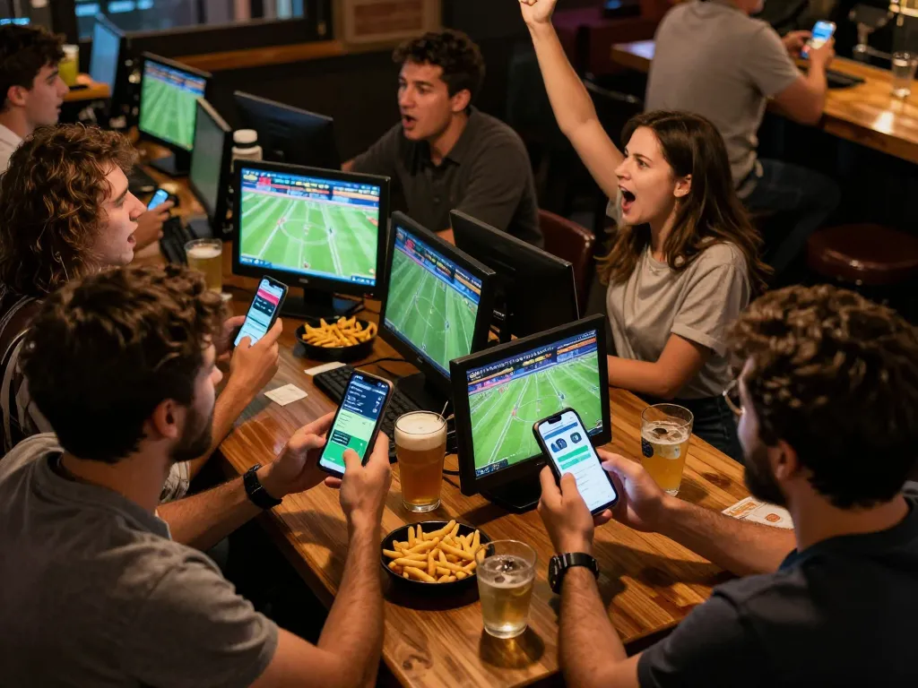Fans engaging in sports betting while watching live matches on screens, showcasing Keo nha cai 5.