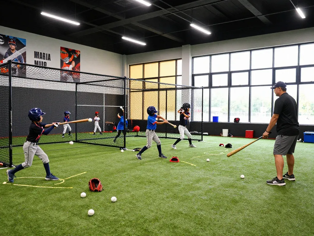 Hitclub baseball training scene with young athletes practicing batting techniques indoors, inspirational atmosphere.