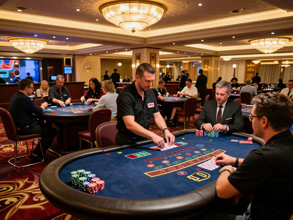 Players enjoying a thrilling game of blackjack at bu88 casino, vibrant atmosphere with colorful chips.