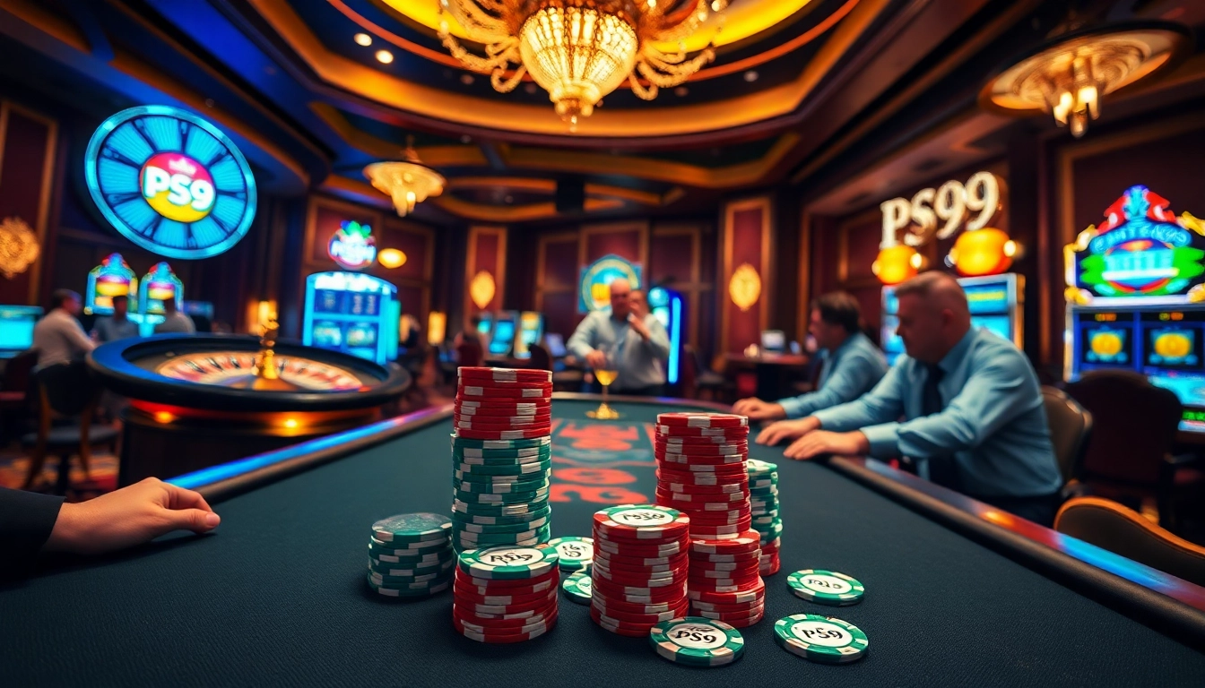 PS99 branded poker chips stacked on a luxurious casino table, embodying excitement and high stakes.