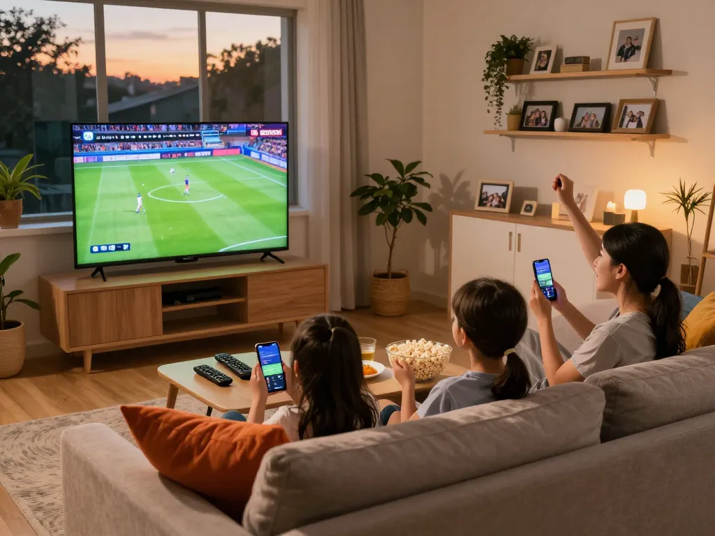 Family enjoying sports on Sky glass IPTV in a cozy living room.