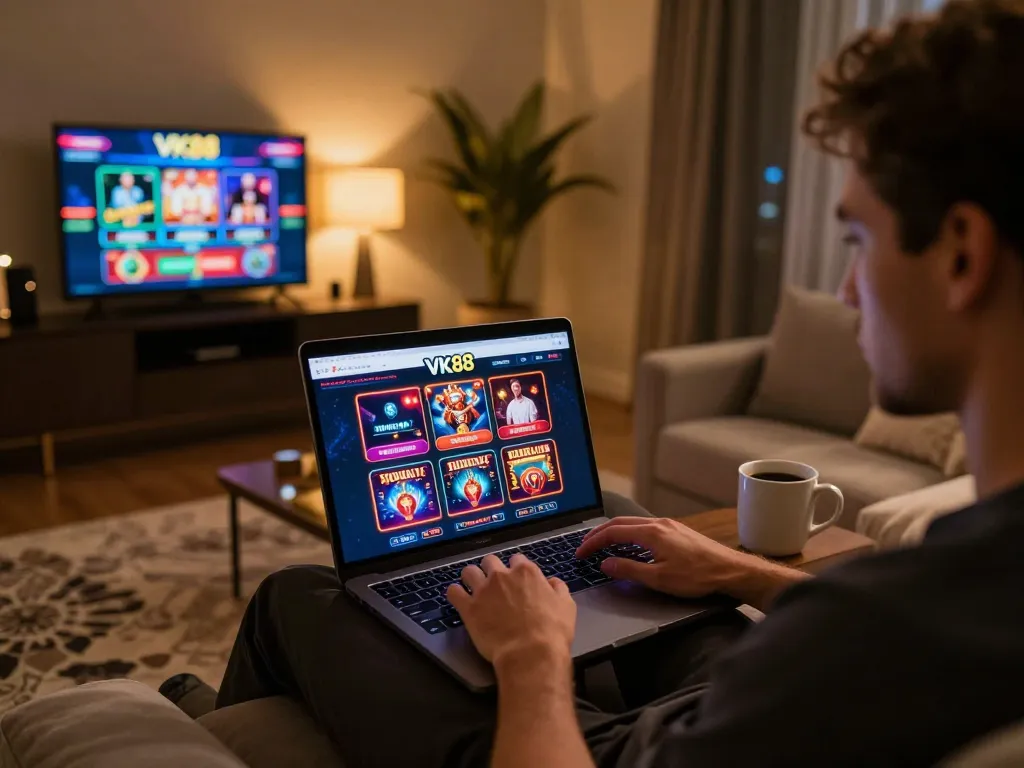 Engaging with VK88 casino platform on a laptop in a cozy gaming setup