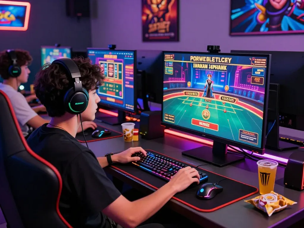 Engaged player enjoying xx88 video gaming experience, showcasing advanced gaming setup and ambient lights.