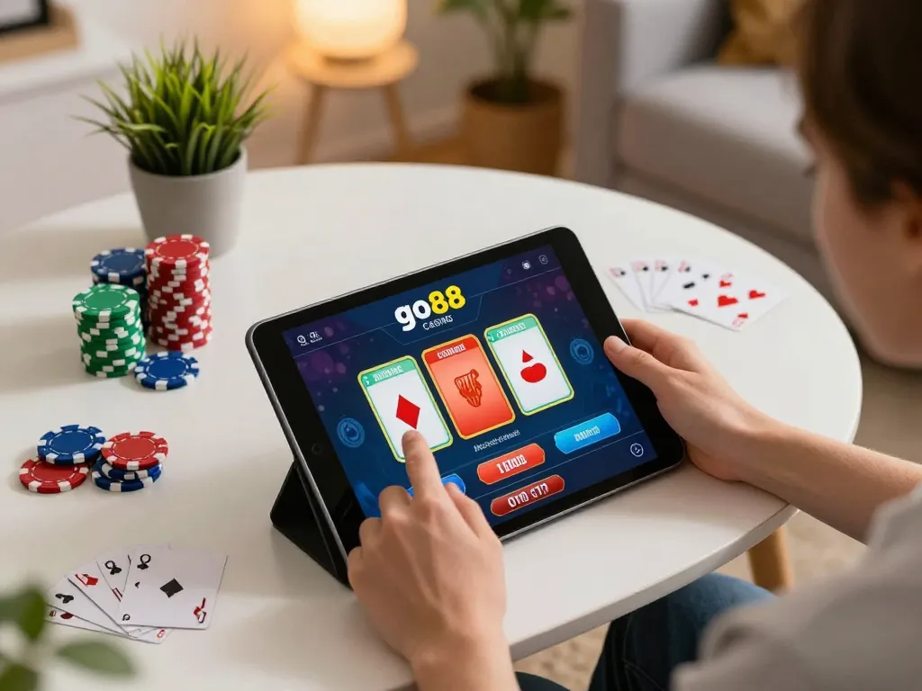 Engaging with the go88 casino app on a tablet in a cozy home gaming setup.