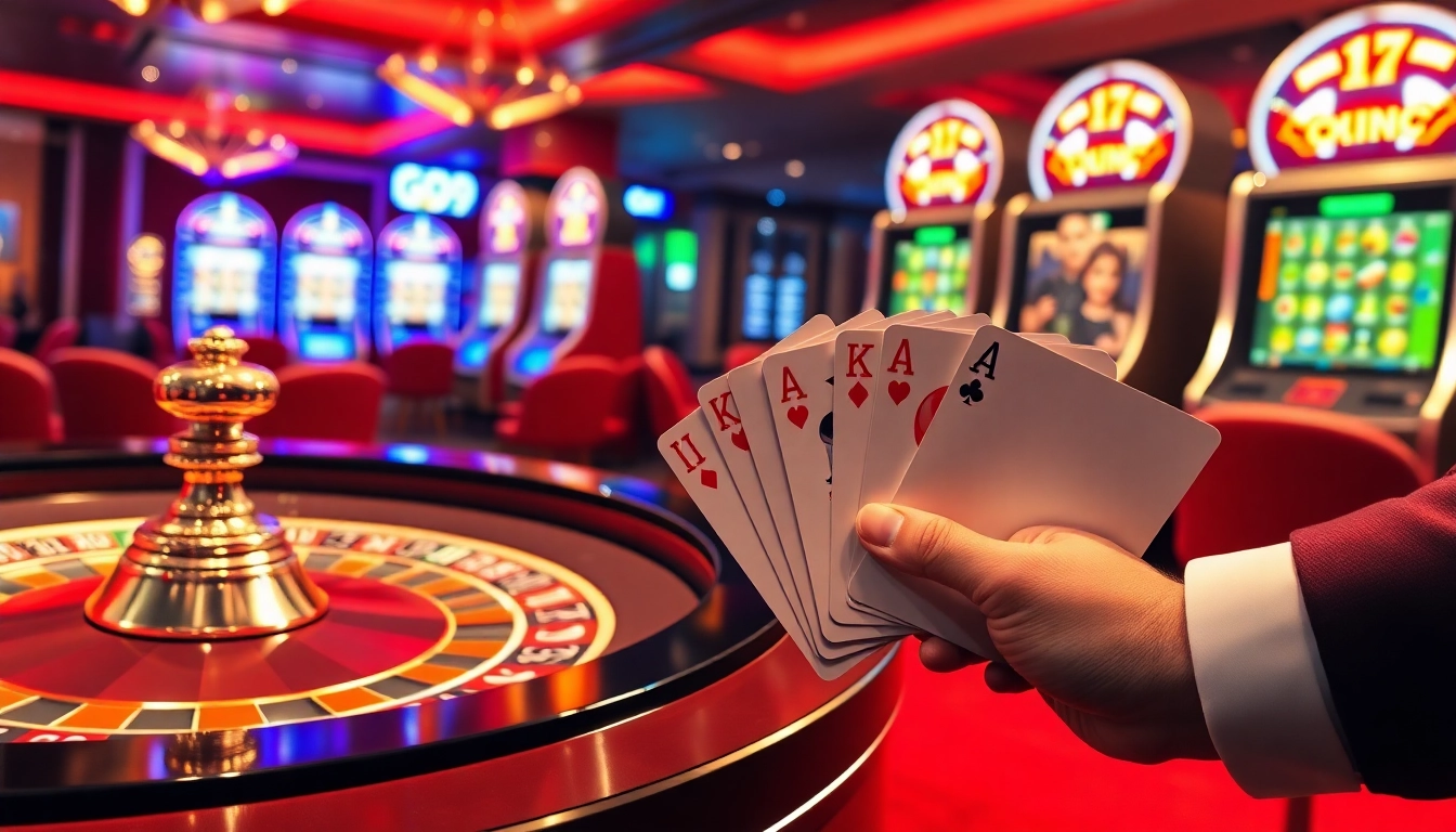 Exciting casino experience at go99 with roulette table, poker cards, and slot machines.