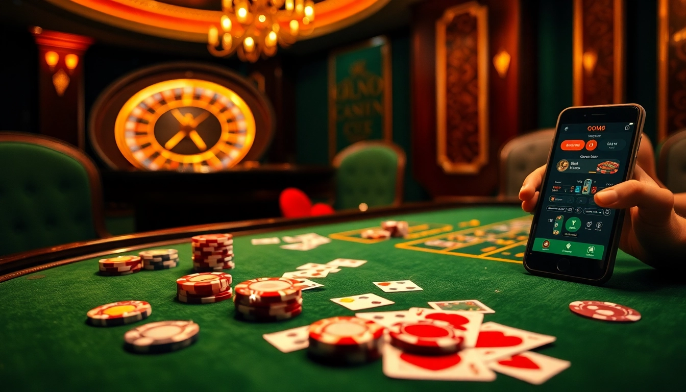 GO8 casino scene showcasing dynamic poker action and roulette excitement with vibrant chips and cards.