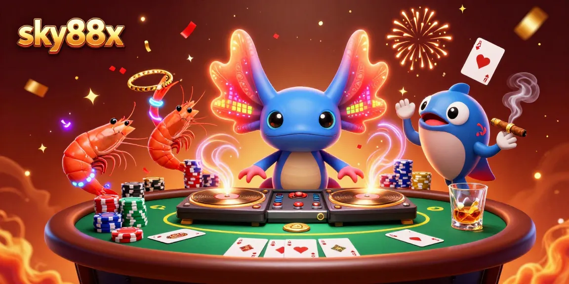Engage in thrilling poker action with sky88x's vibrant casino characters in this dynamic illustration.