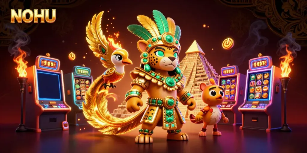 Engage with NOHU's vibrant gaming scene featuring animated characters and slot machines.