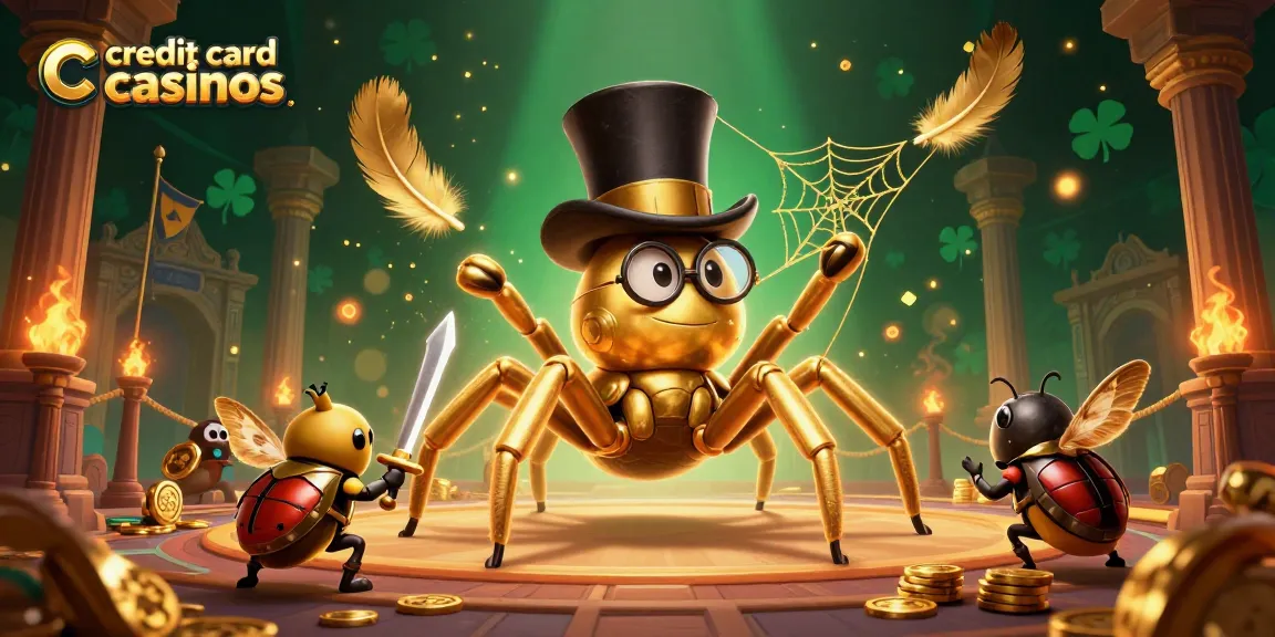 Engage in thrilling action at credit card casinos with exciting visuals of a golden tarantula, beetle knight, and moth spectators.