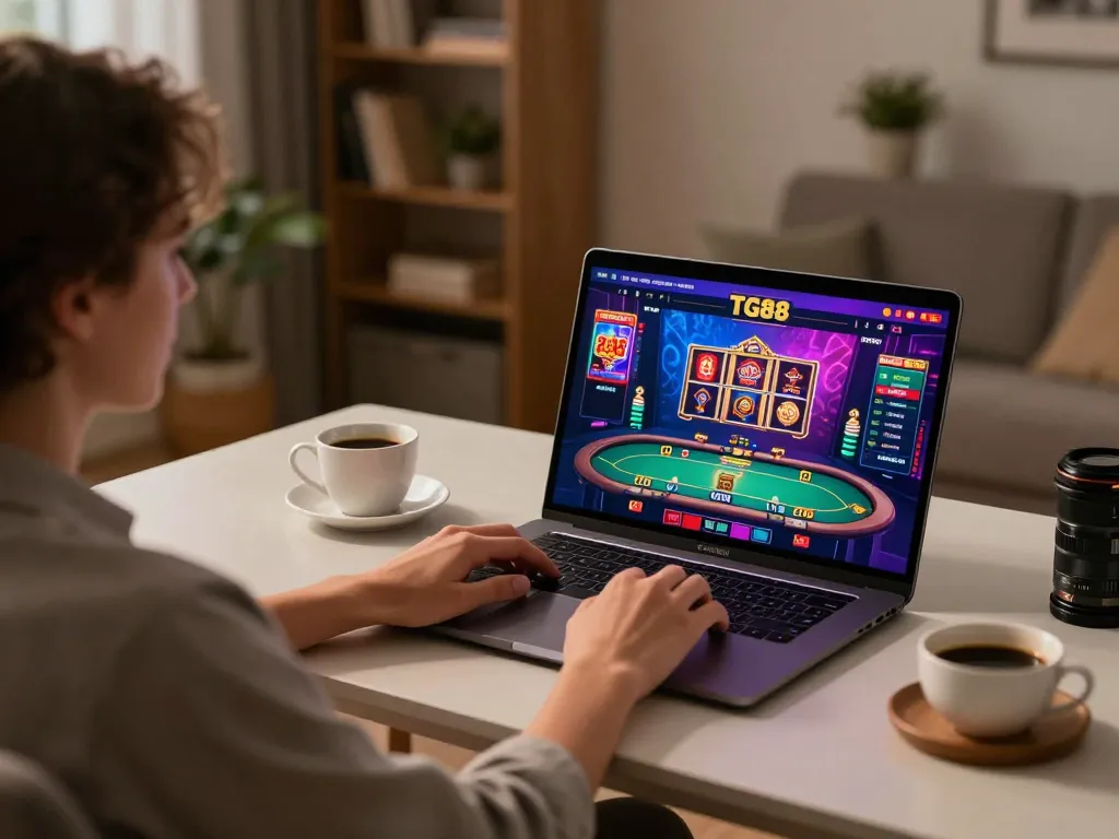 Player enjoying TG88's online casino features in a cozy home environment, showcasing responsible gaming.